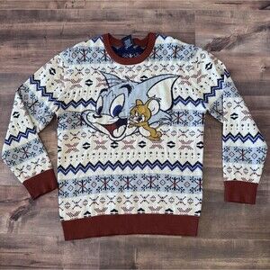 Tom and Jerry Men's Ugly Christmas Sweater Knit Pullover Size Large Cartoon